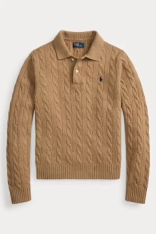 Maglia polo in lana e cashmere a trecce