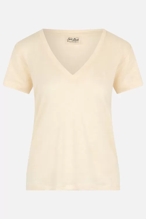 MC2 Saint Barth – T-Shirt Eloise Con Scollo a V In Jersey Di Lino